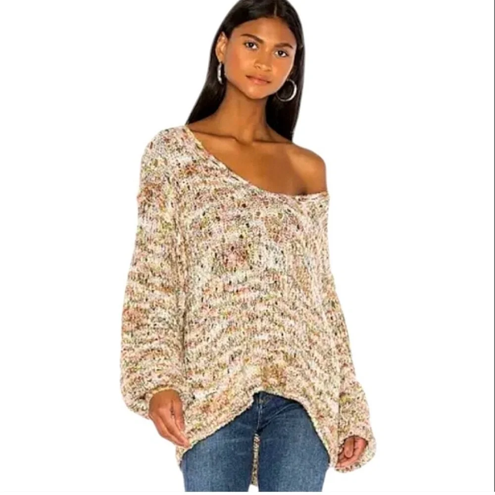 Free People Multi Color Knit Highland V-Neck Sweater in Mendocino Combo
